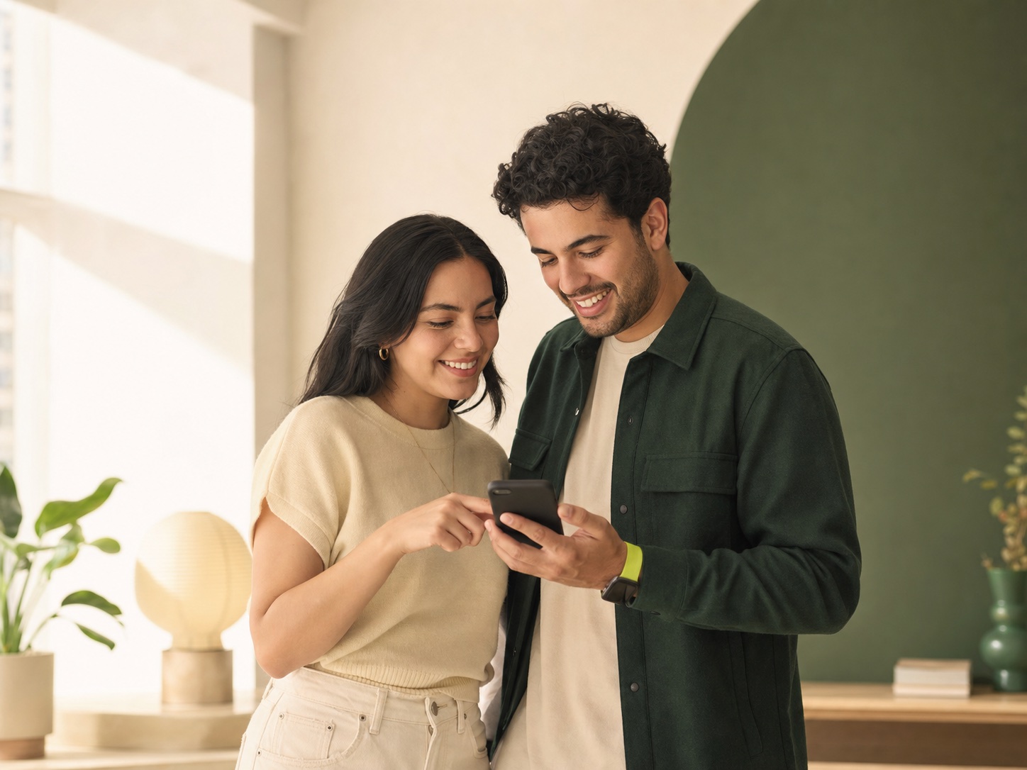 Una pareja latinoamericana revisando sus pagos en el teléfono